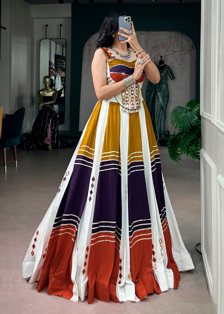 Multicolored Striped Rayon Navratri Lehenga Choli with Gamthi Mirror Work &amp; Gota Patti Lace