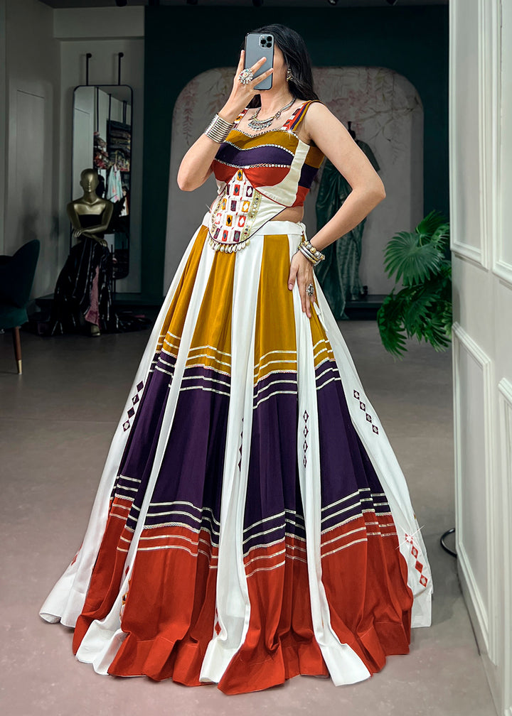 Multicolored Striped Rayon Navratri Lehenga Choli with Gamthi Mirror Work &amp; Gota Patti Lace