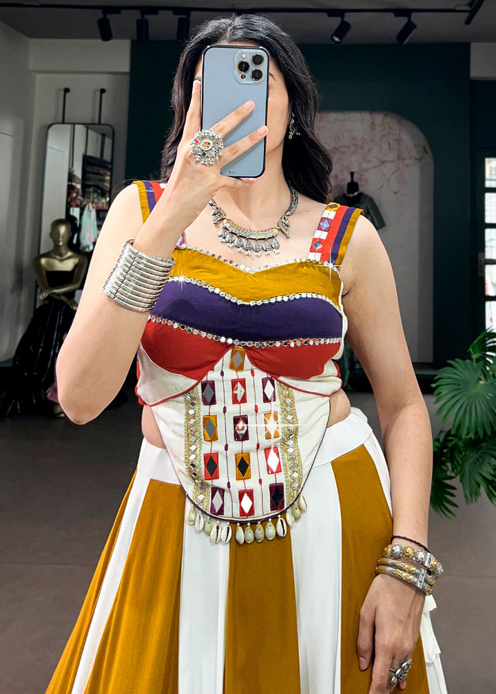 Multicolored Striped Rayon Navratri Lehenga Choli with Gamthi Mirror Work &amp; Gota Patti Lace