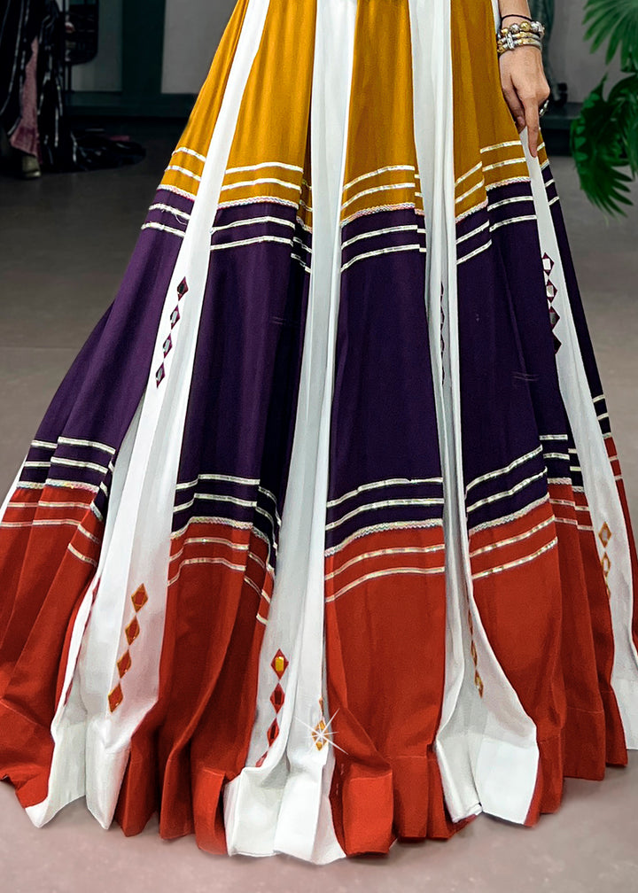 Multicolored Striped Rayon Navratri Lehenga Choli with Gamthi Mirror Work &amp; Gota Patti Lace
