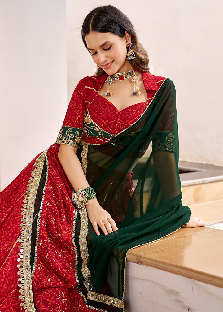 Red &amp; Green Georgette Bandhej Foil Print Navratri Lehenga Choli with Embossed Lace &amp; Gota Patti Detailing