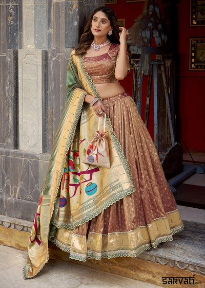 Sienna Brown Brown Zari Woven Organza Lehenga with Paithani Silk Dupatta