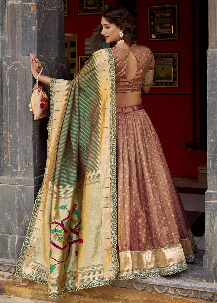 Sienna Brown Brown Zari Woven Organza Lehenga with Paithani Silk Dupatta