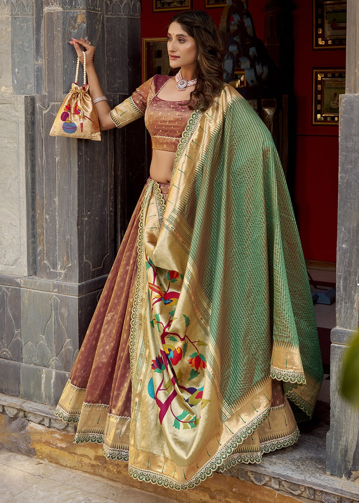 Sienna Brown Brown Zari Woven Organza Lehenga with Paithani Silk Dupatta