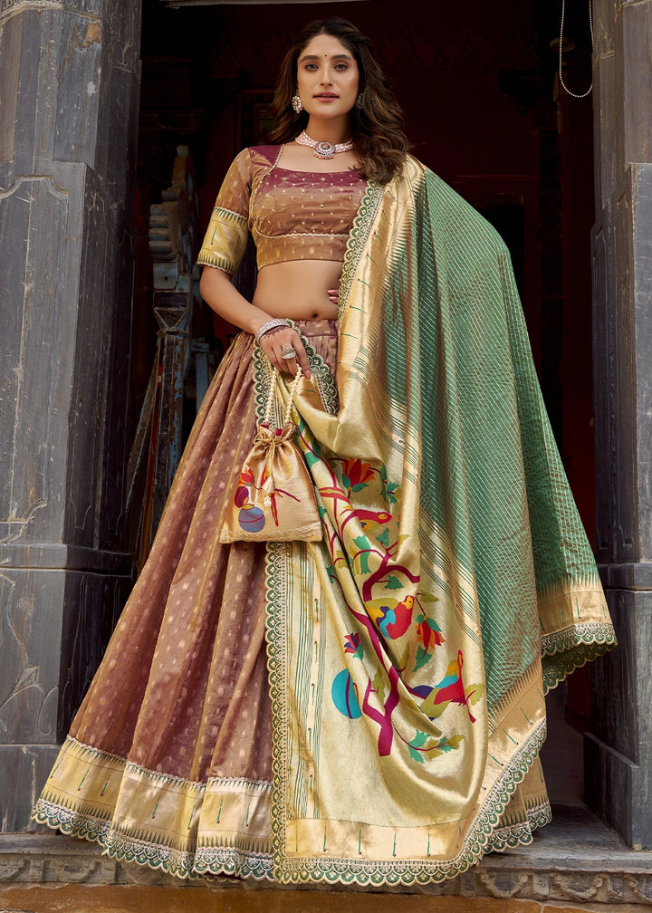 Sienna Brown Brown Zari Woven Organza Lehenga with Paithani Silk Dupatta