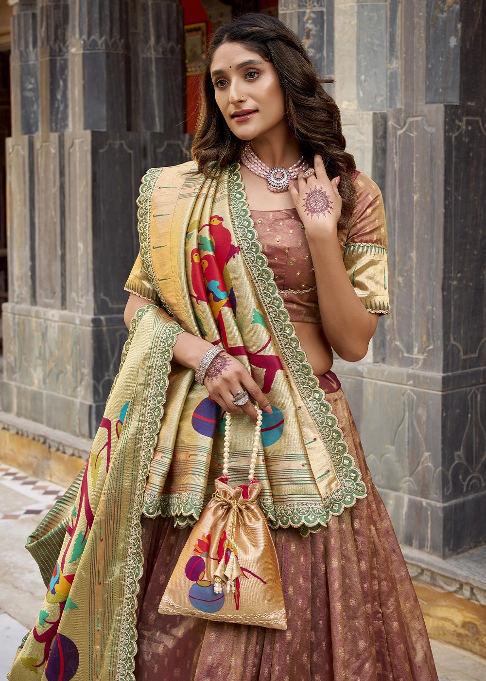 Sienna Brown Brown Zari Woven Organza Lehenga with Paithani Silk Dupatta