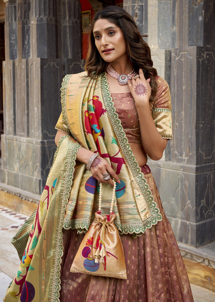 Sienna Brown Brown Zari Woven Organza Lehenga with Paithani Silk Dupatta