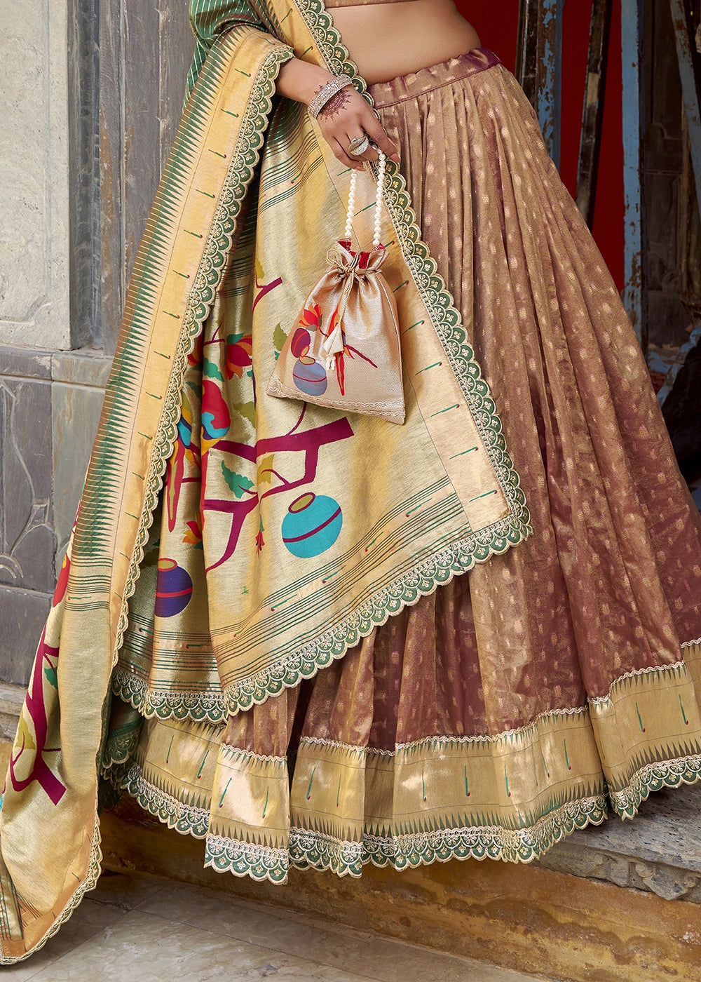 Sienna Brown Brown Zari Woven Organza Lehenga with Paithani Silk Dupatta