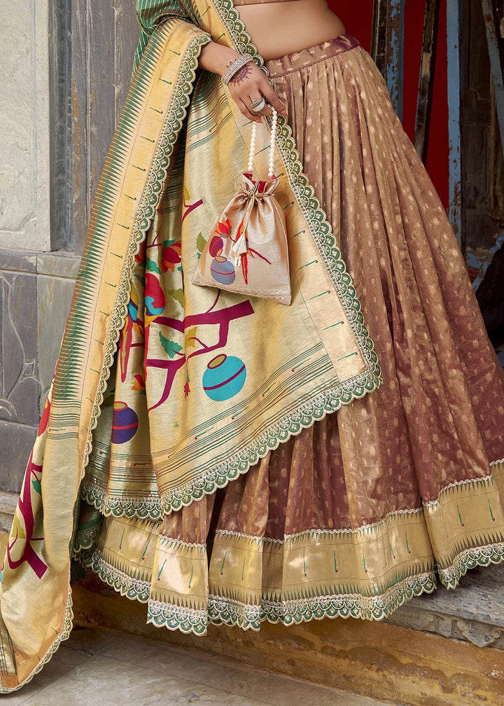 Sienna Brown Brown Zari Woven Organza Lehenga with Paithani Silk Dupatta