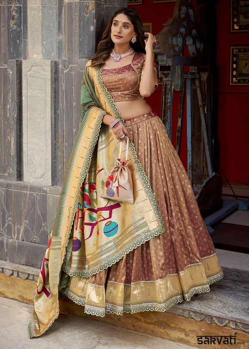 Sienna Brown Brown Zari Woven Organza Lehenga with Paithani Silk Dupatta