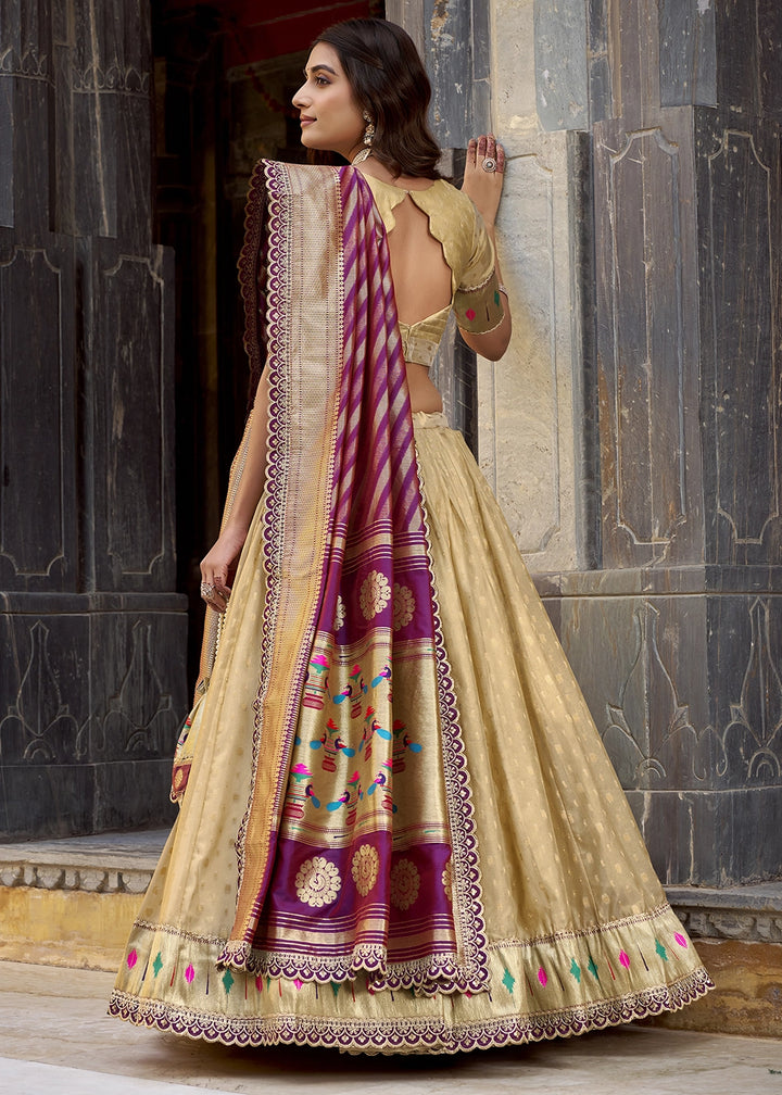 Beige Brown Zari Woven Organza Lehenga with Paithani Silk Dupatta
