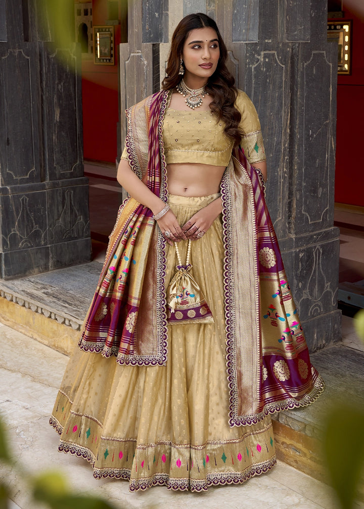 Beige Brown Zari Woven Organza Lehenga with Paithani Silk Dupatta