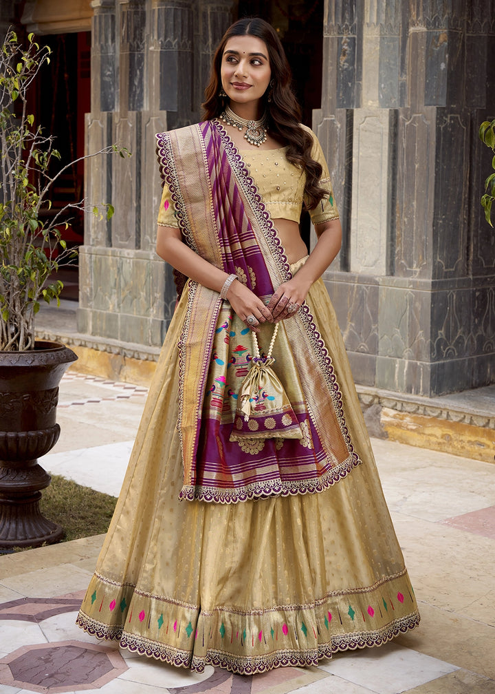 Beige Brown Zari Woven Organza Lehenga with Paithani Silk Dupatta