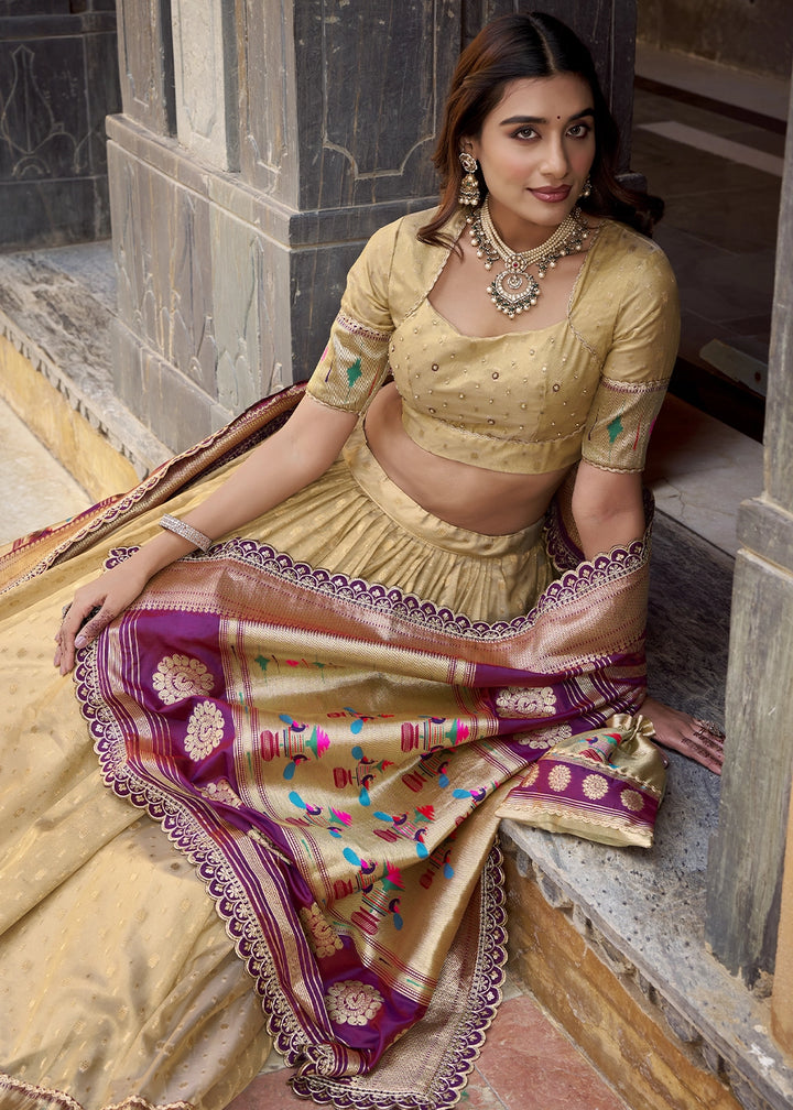 Beige Brown Zari Woven Organza Lehenga with Paithani Silk Dupatta
