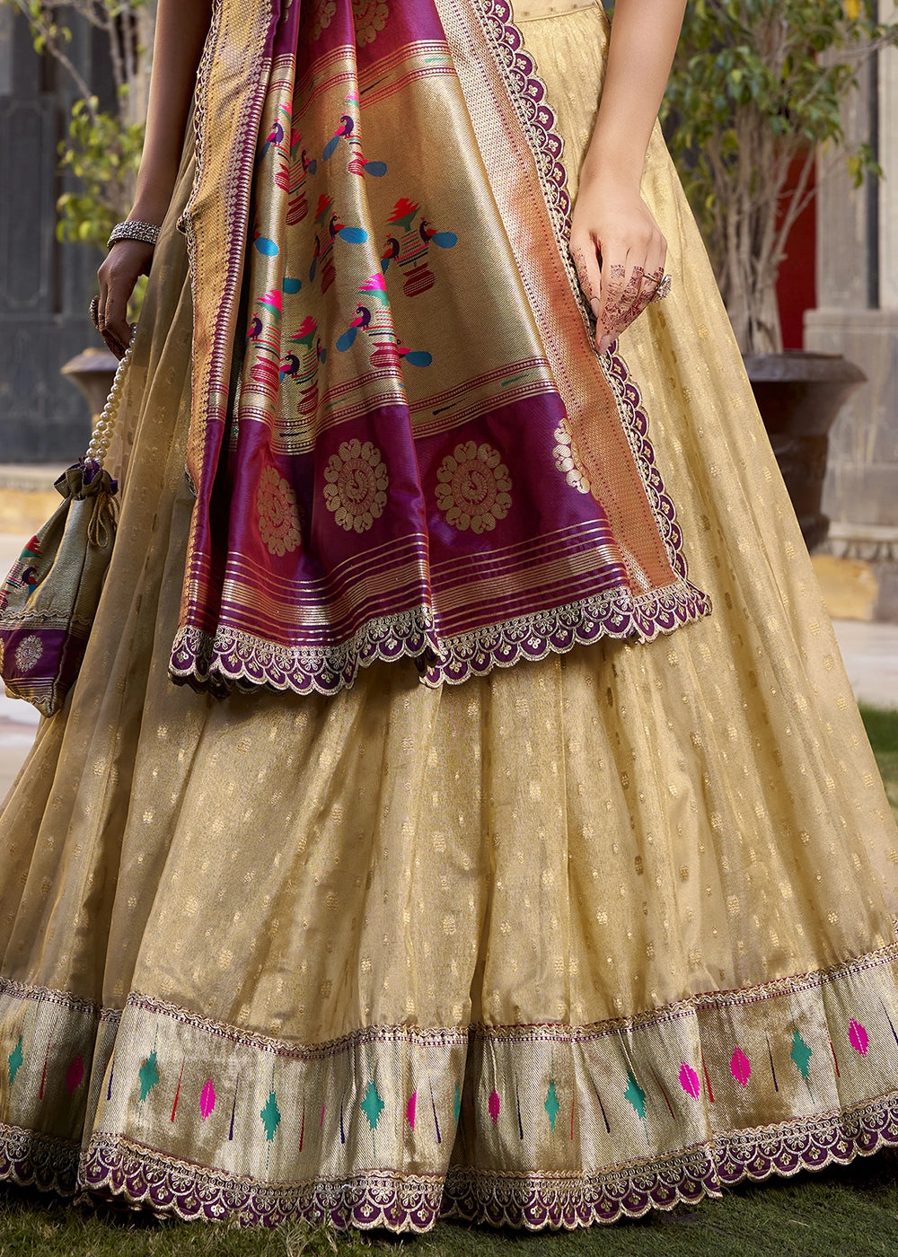 Beige Brown Zari Woven Organza Lehenga with Paithani Silk Dupatta