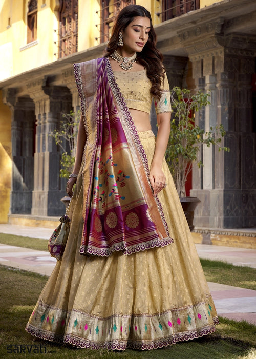 Beige Brown Zari Woven Organza Lehenga with Paithani Silk Dupatta