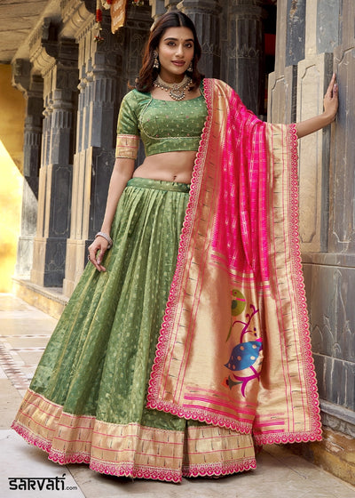 Emerald Green Zari Woven Organza Lehenga with Paithani Silk Dupatta