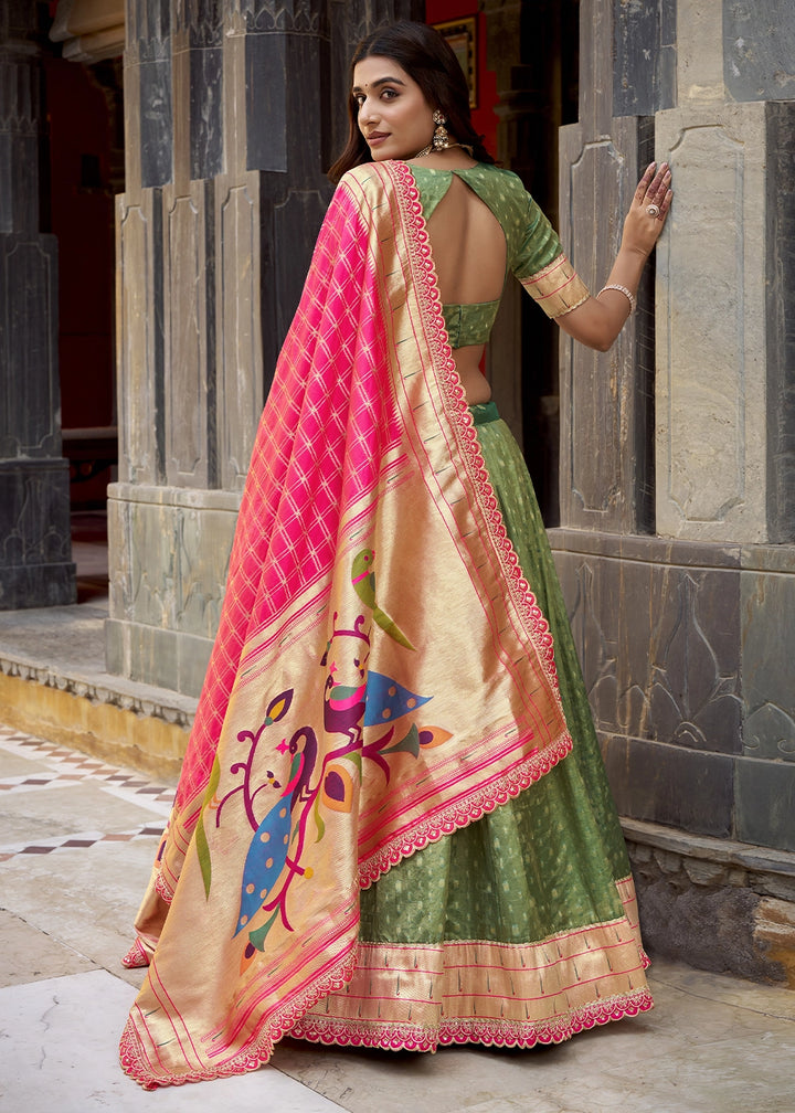Emerald Green Zari Woven Organza Lehenga with Paithani Silk Dupatta