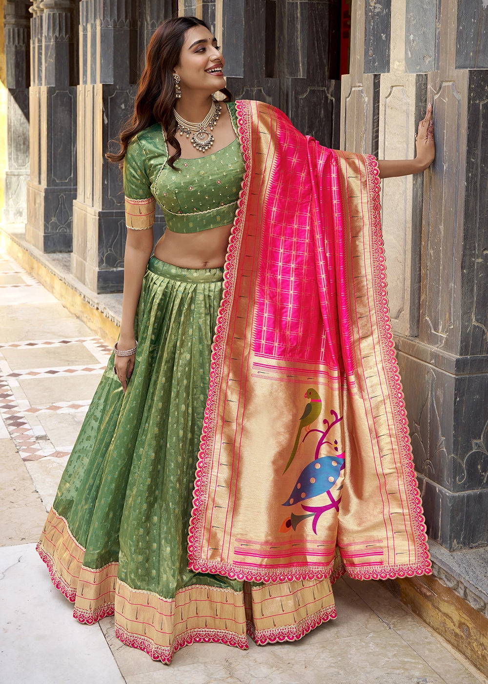 Emerald Green Zari Woven Organza Lehenga with Paithani Silk Dupatta