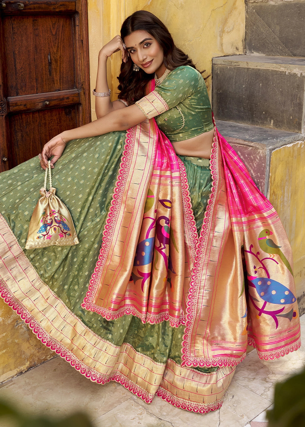 Emerald Green Zari Woven Organza Lehenga with Paithani Silk Dupatta