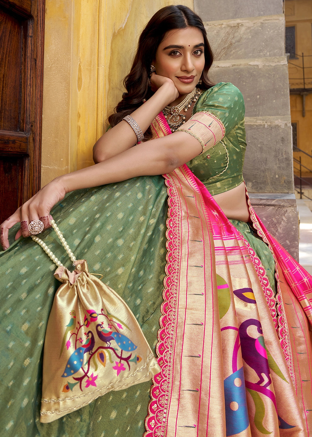 Emerald Green Zari Woven Organza Lehenga with Paithani Silk Dupatta