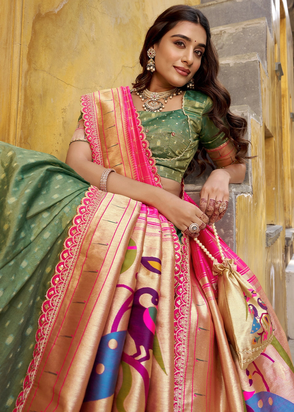 Emerald Green Zari Woven Organza Lehenga with Paithani Silk Dupatta
