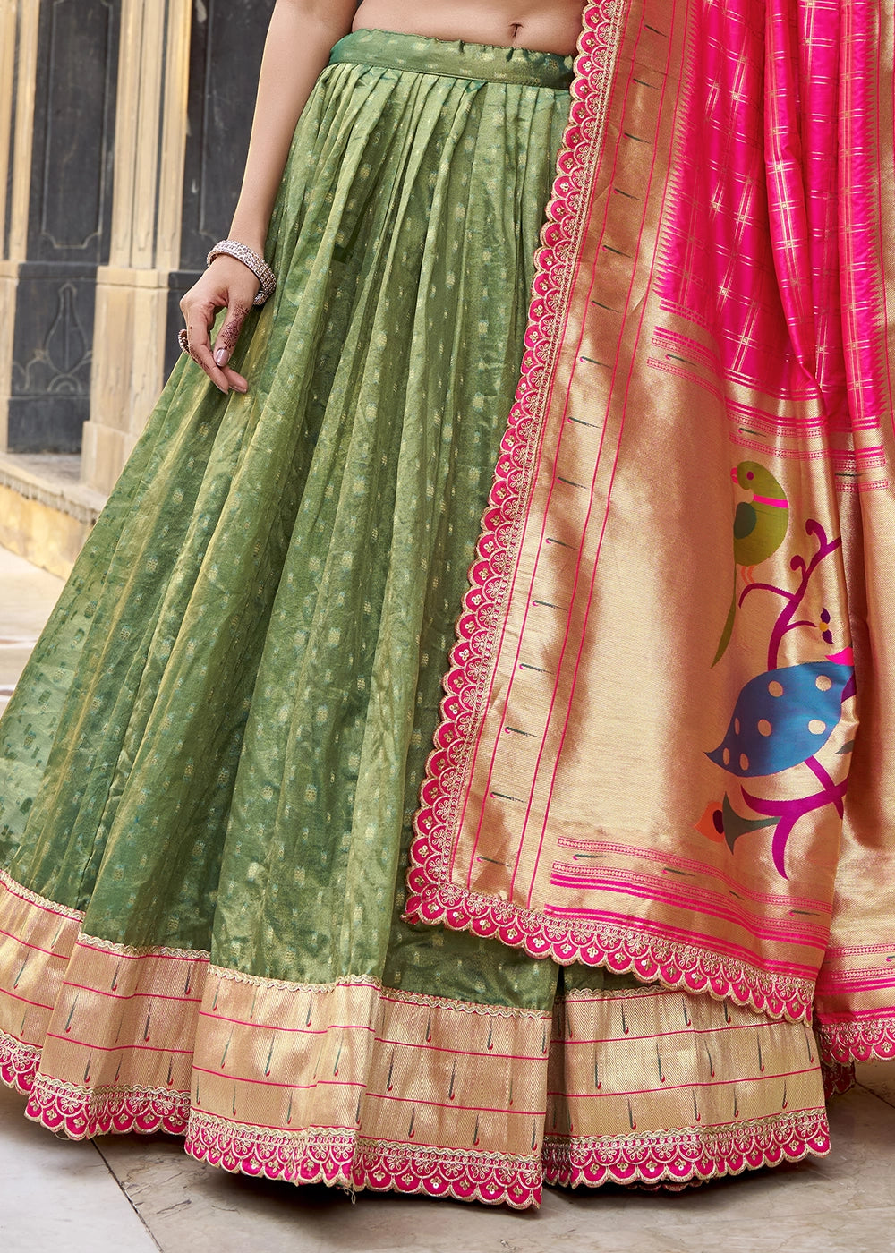 Emerald Green Zari Woven Organza Lehenga with Paithani Silk Dupatta