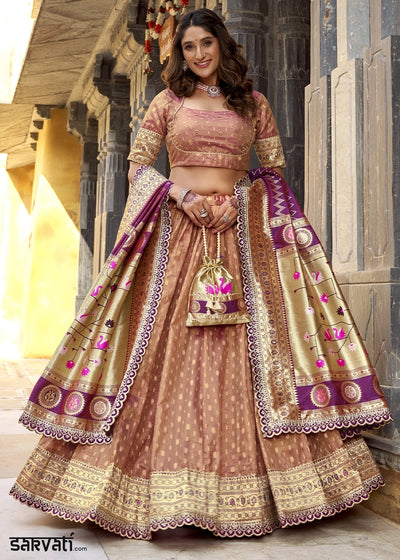 Fawn Brown Zari Woven Organza Lehenga with Paithani Silk Dupatta