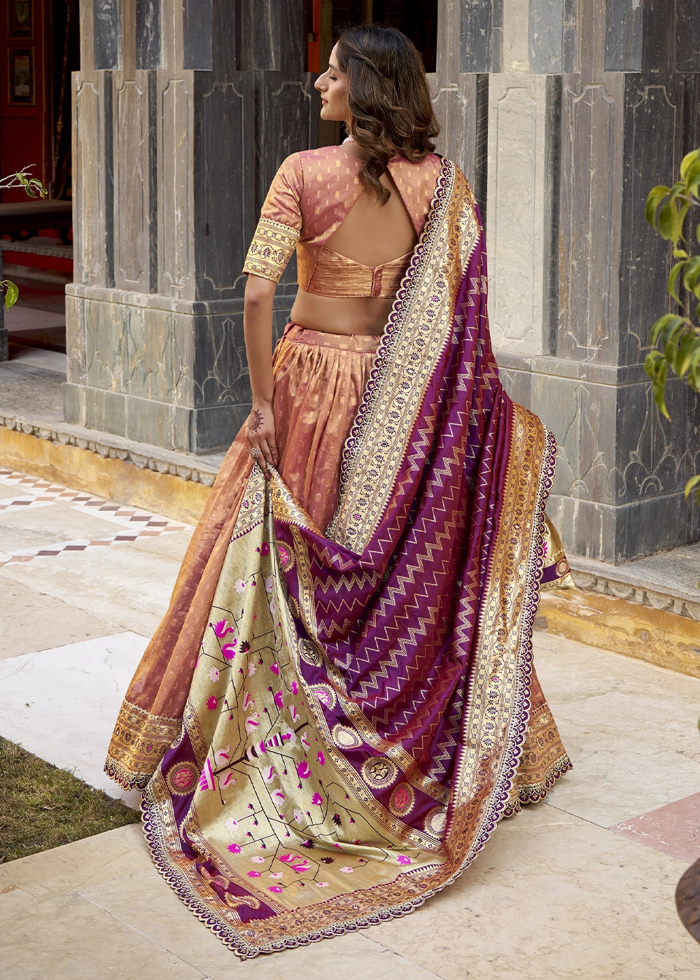 Fawn Brown Zari Woven Organza Lehenga with Paithani Silk Dupatta