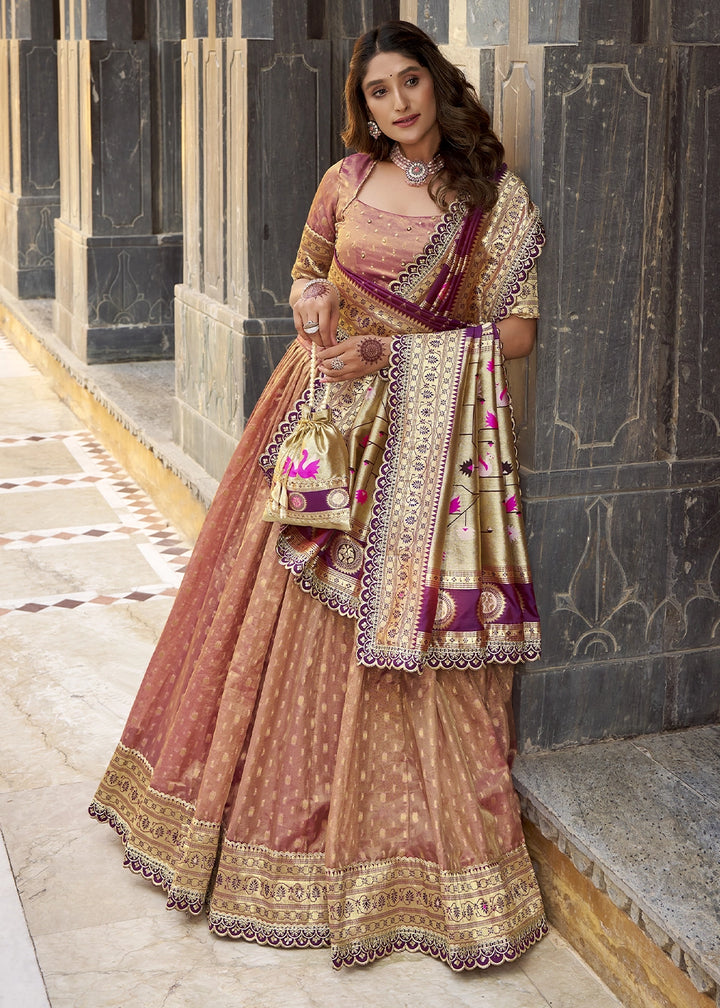 Fawn Brown Zari Woven Organza Lehenga with Paithani Silk Dupatta