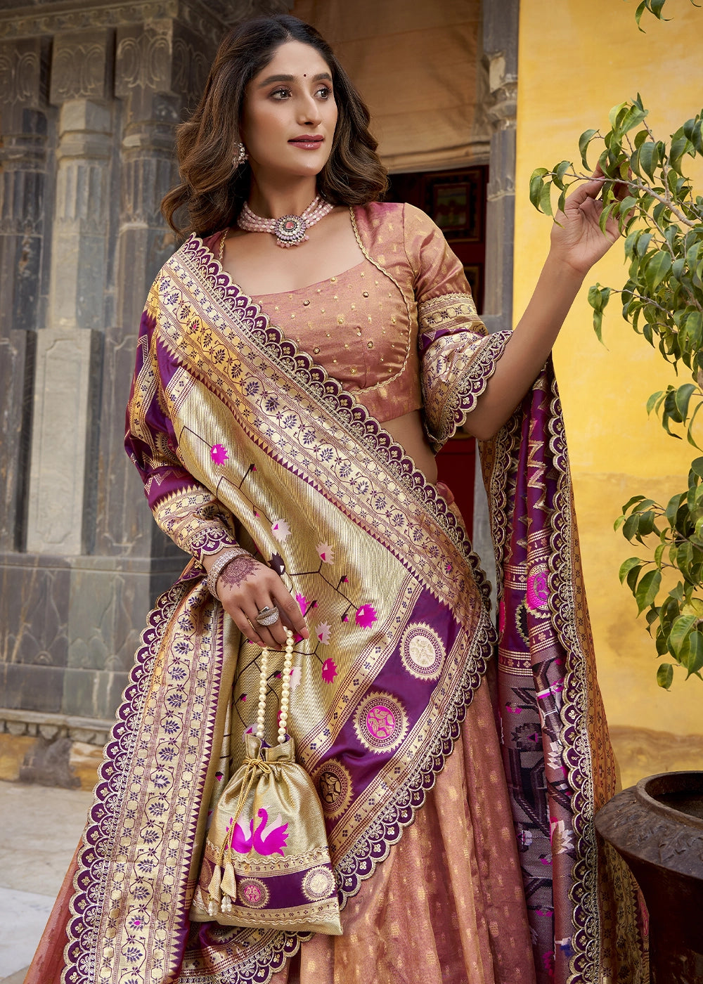 Fawn Brown Zari Woven Organza Lehenga with Paithani Silk Dupatta
