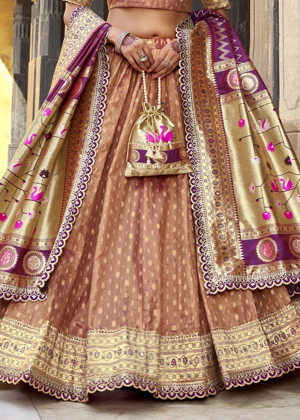 Fawn Brown Zari Woven Organza Lehenga with Paithani Silk Dupatta