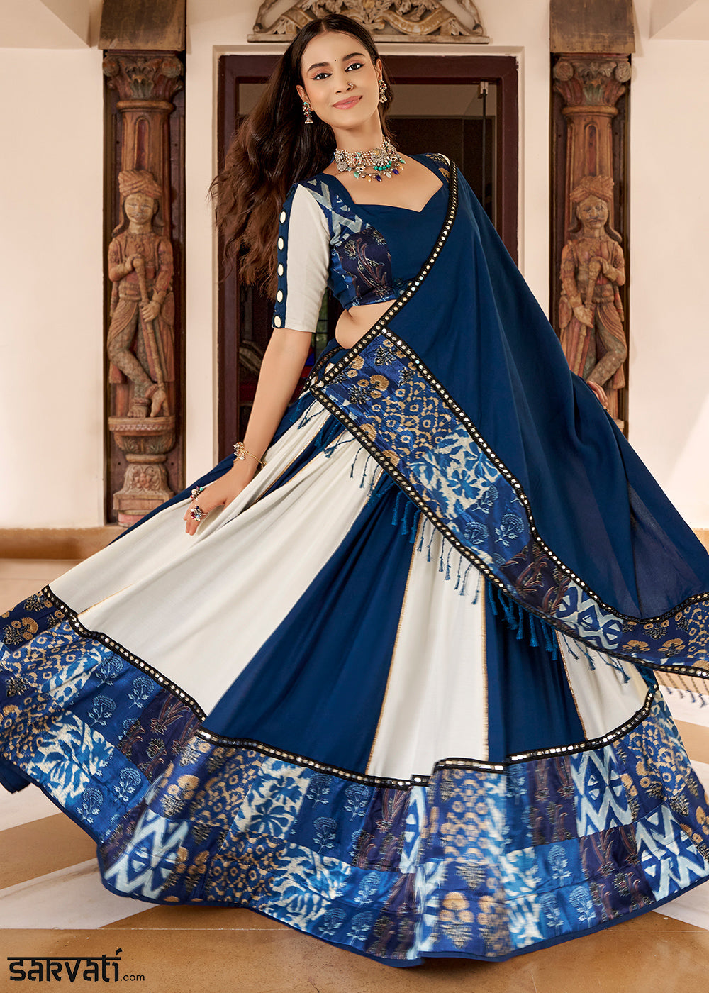 Navy Blue &amp; Cream Rayon Lehenga Choli with Printed Design, Mirror &amp; Gota Patti Detailing