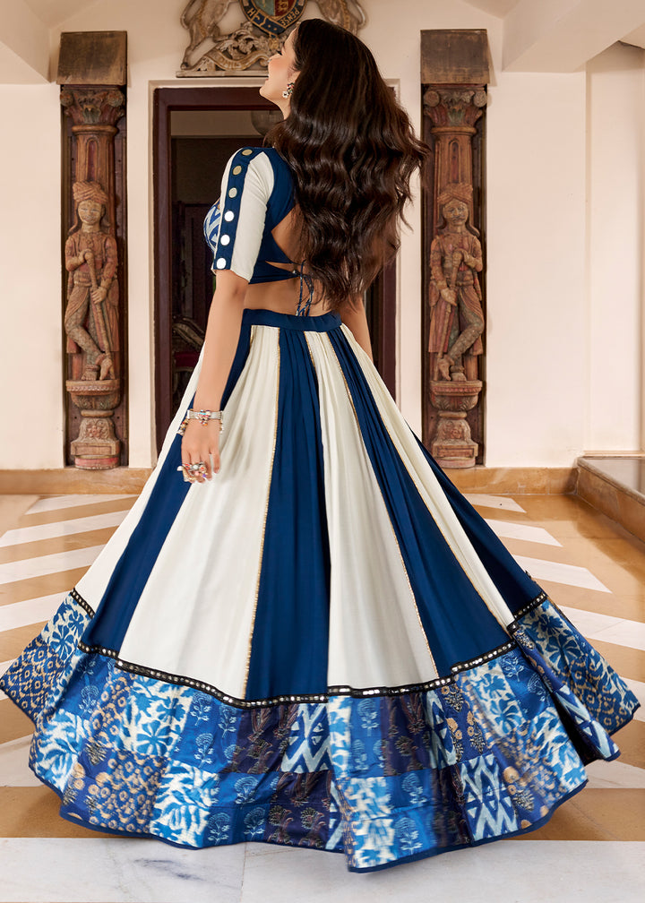 Navy Blue &amp; Cream Rayon Lehenga Choli with Printed Design, Mirror &amp; Gota Patti Detailing