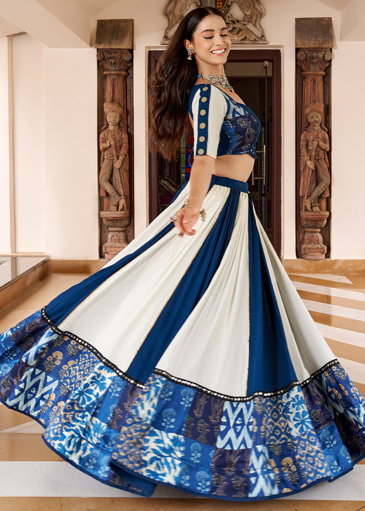 Navy Blue &amp; Cream Rayon Lehenga Choli with Printed Design, Mirror &amp; Gota Patti Detailing