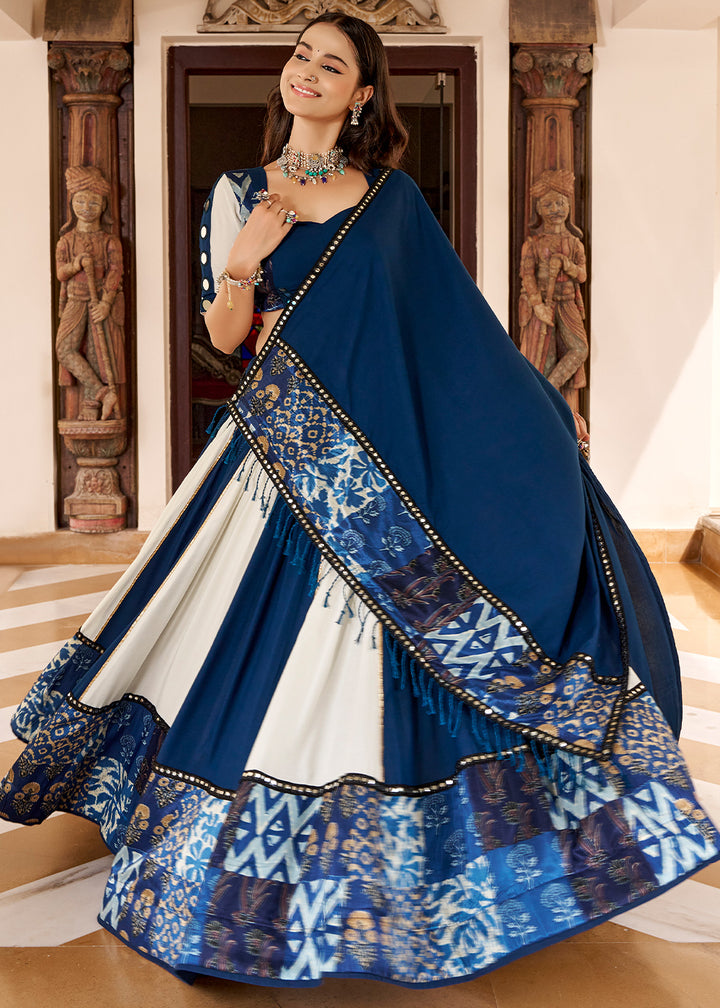 Navy Blue &amp; Cream Rayon Lehenga Choli with Printed Design, Mirror &amp; Gota Patti Detailing