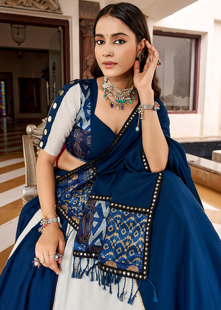 Navy Blue &amp; Cream Rayon Lehenga Choli with Printed Design, Mirror &amp; Gota Patti Detailing