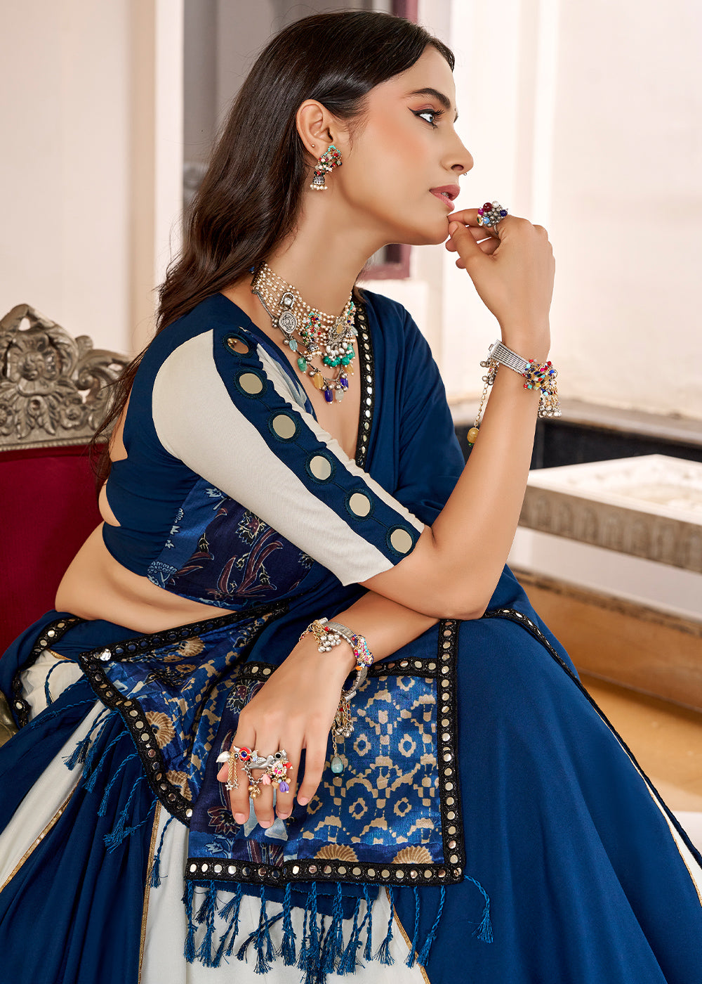 Navy Blue &amp; Cream Rayon Lehenga Choli with Printed Design, Mirror &amp; Gota Patti Detailing