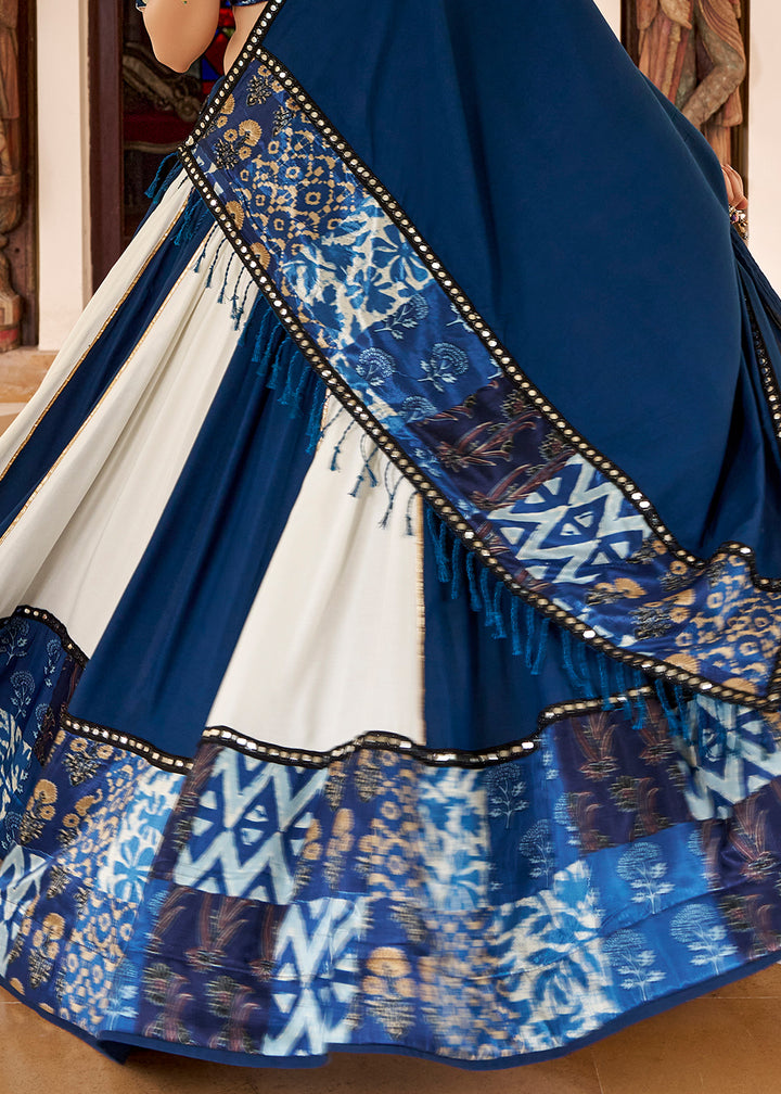 Navy Blue &amp; Cream Rayon Lehenga Choli with Printed Design, Mirror &amp; Gota Patti Detailing