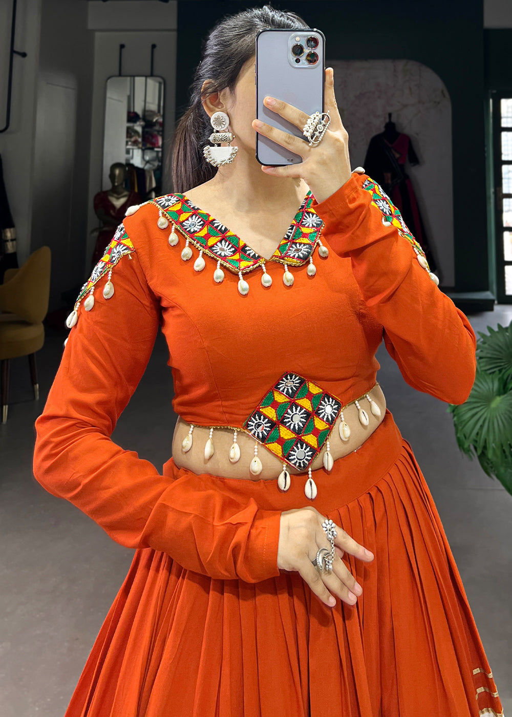 Vivid Tangerine &amp; White Rayon Navratri Lehenga Choli with Traditional Gamthi Motifs &amp; Gota Patti Accents