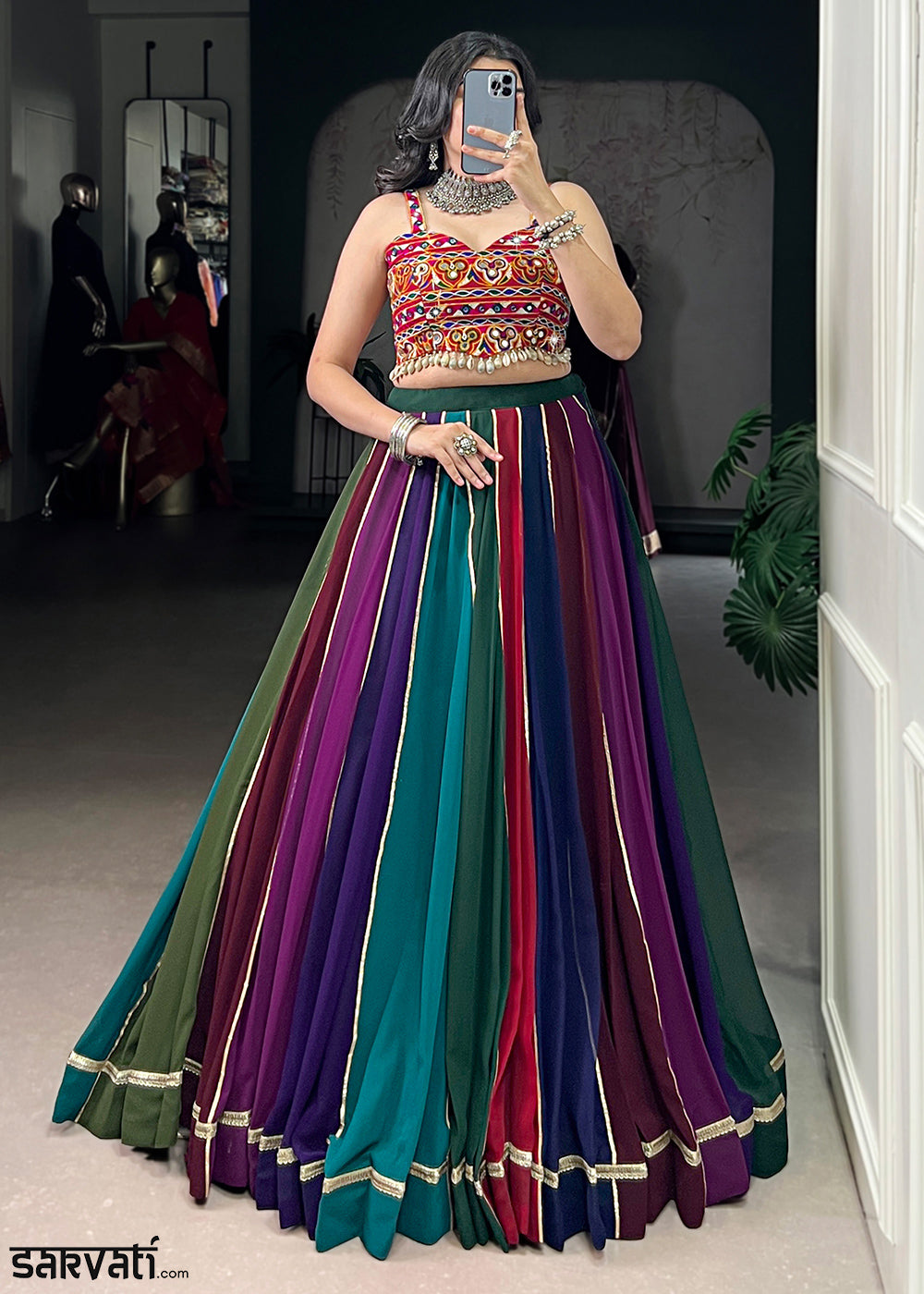 Multicolor Georgette Navratri Lehenga Choli with Gamthi and Mirror Embroidery