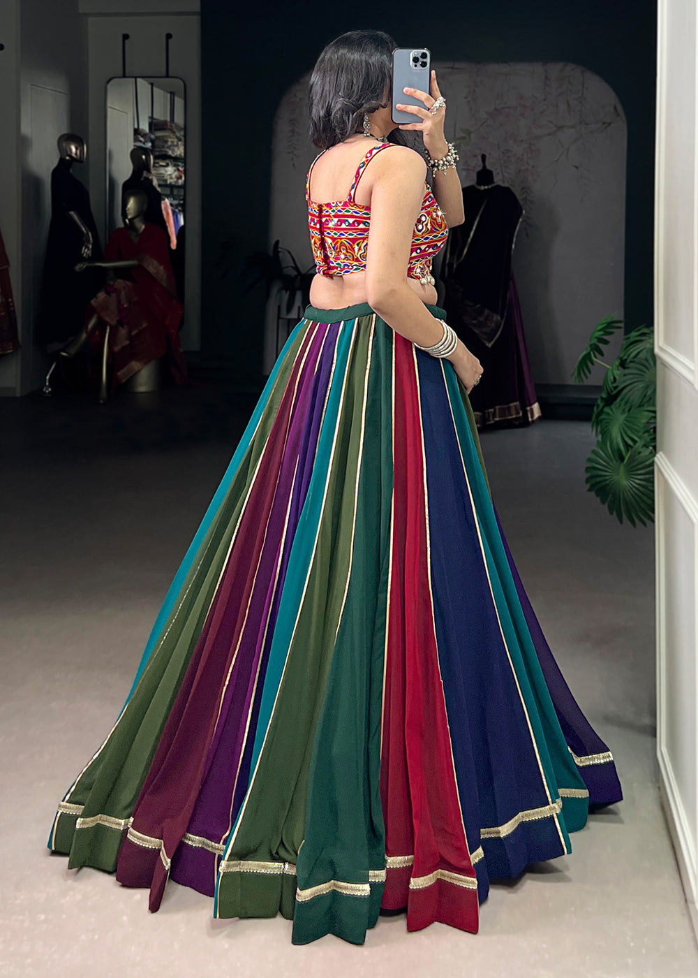 Multicolor Georgette Navratri Lehenga Choli with Gamthi and Mirror Embroidery