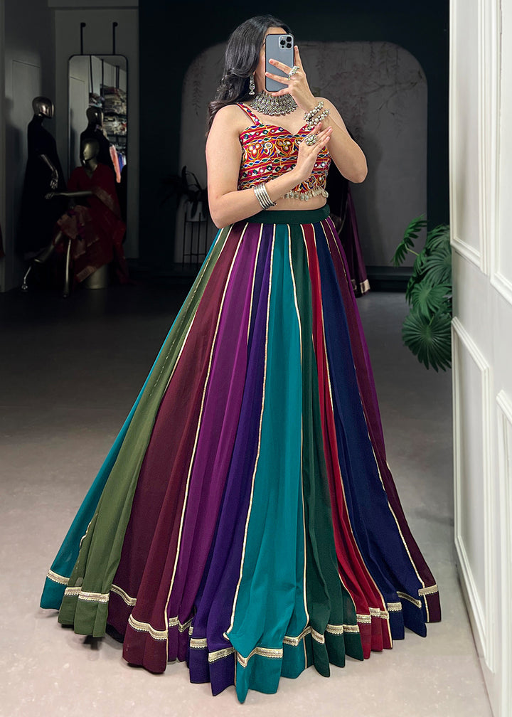 Multicolor Georgette Navratri Lehenga Choli with Gamthi and Mirror Embroidery