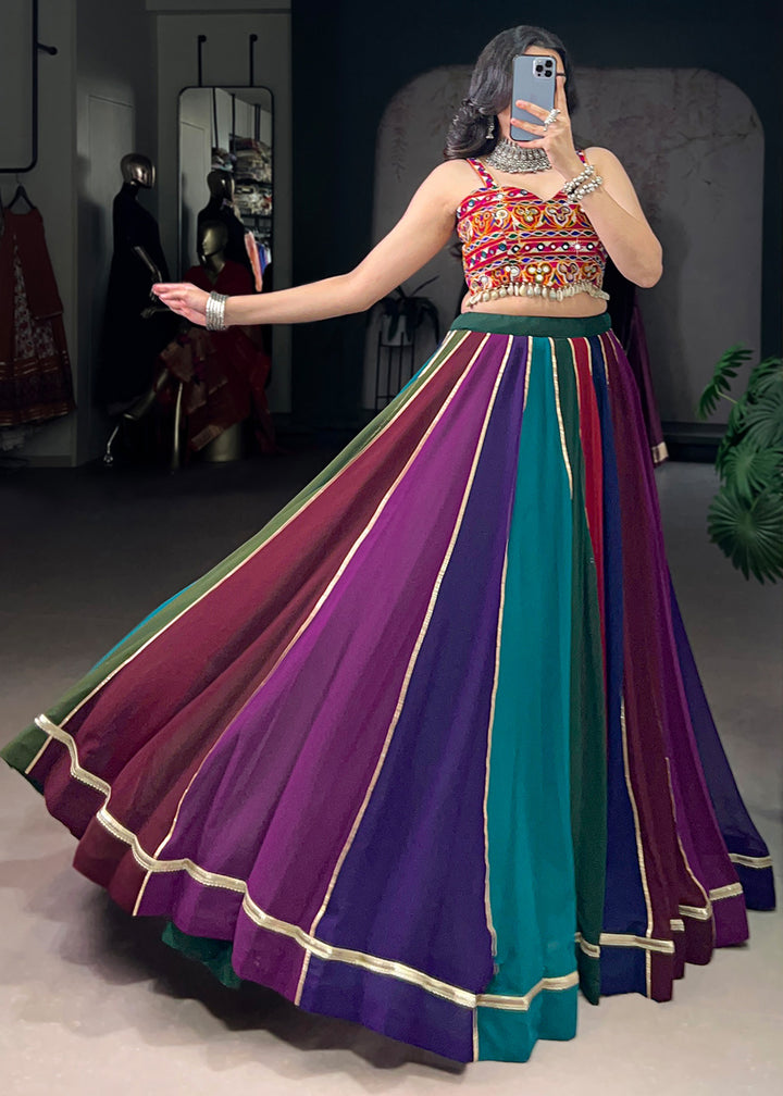 Multicolor Georgette Navratri Lehenga Choli with Gamthi and Mirror Embroidery