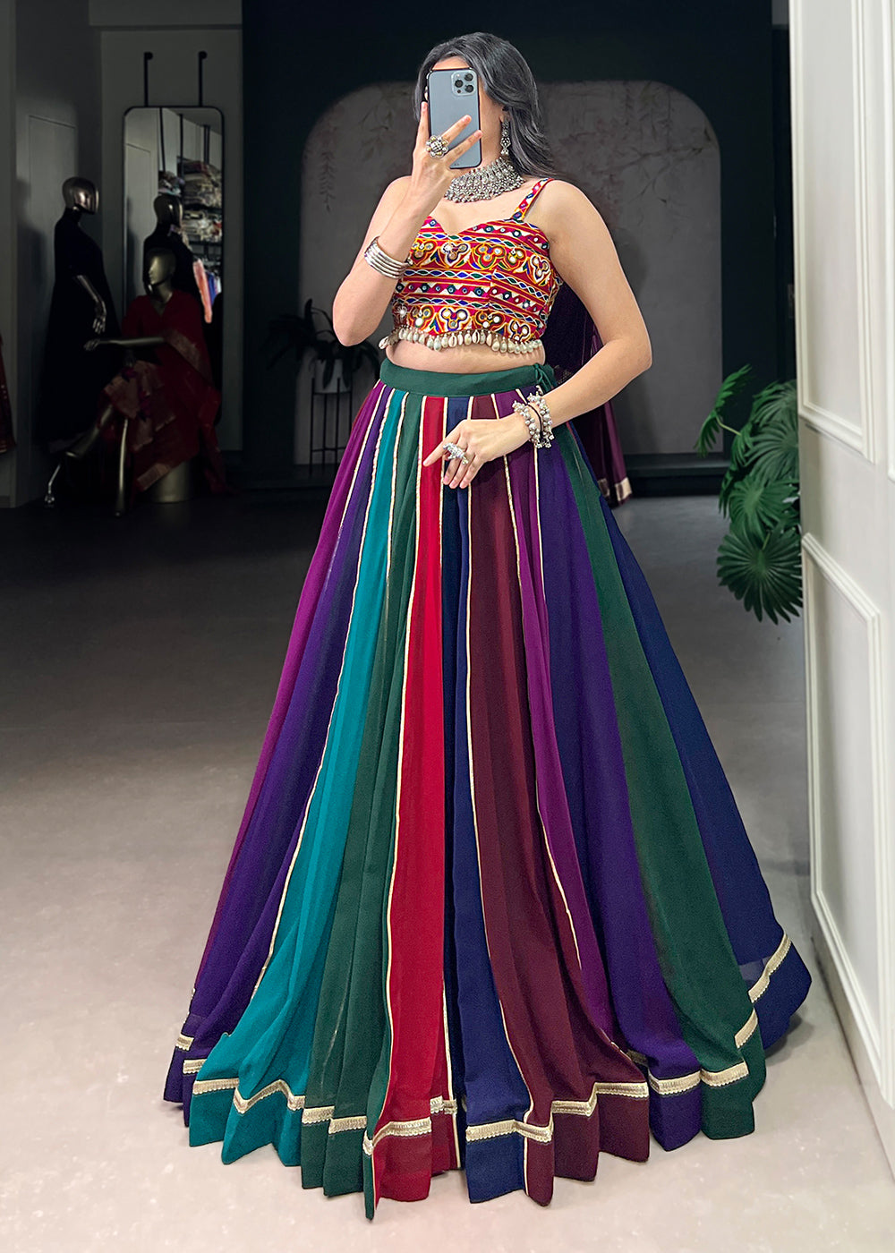 Multicolor Georgette Navratri Lehenga Choli with Gamthi and Mirror Embroidery