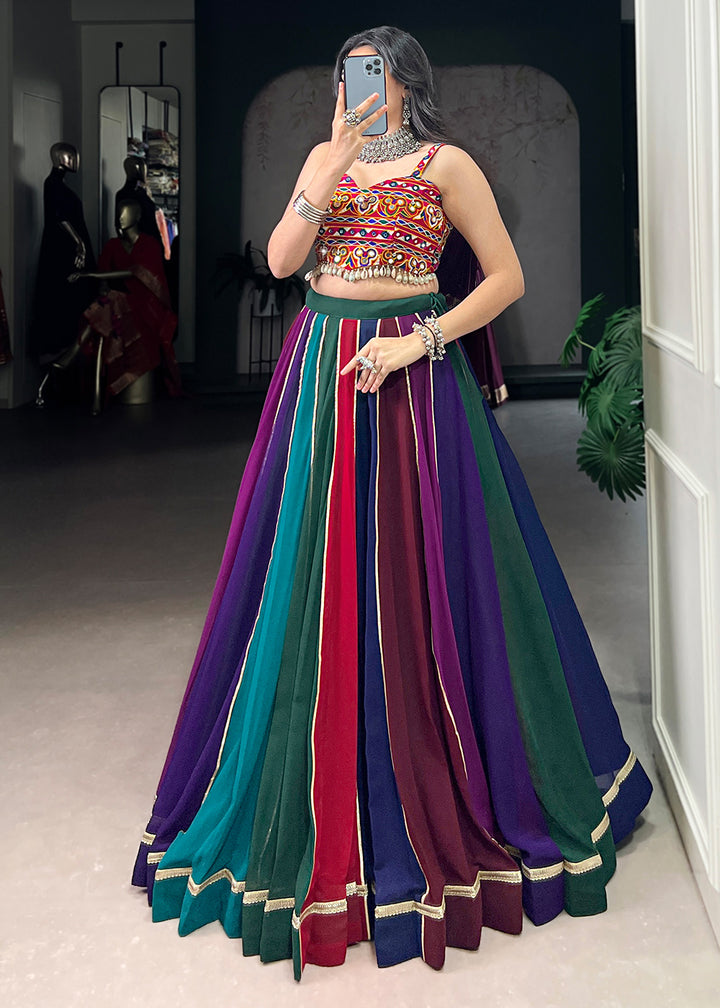 Multicolor Georgette Navratri Lehenga Choli with Gamthi and Mirror Embroidery