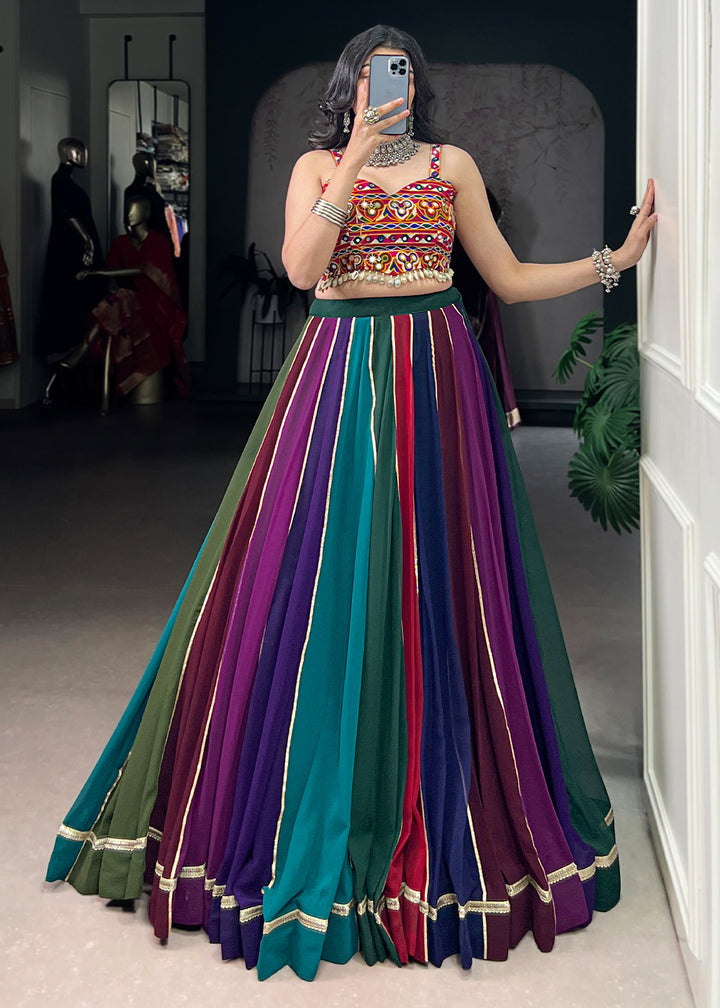 Multicolor Georgette Navratri Lehenga Choli with Gamthi and Mirror Embroidery