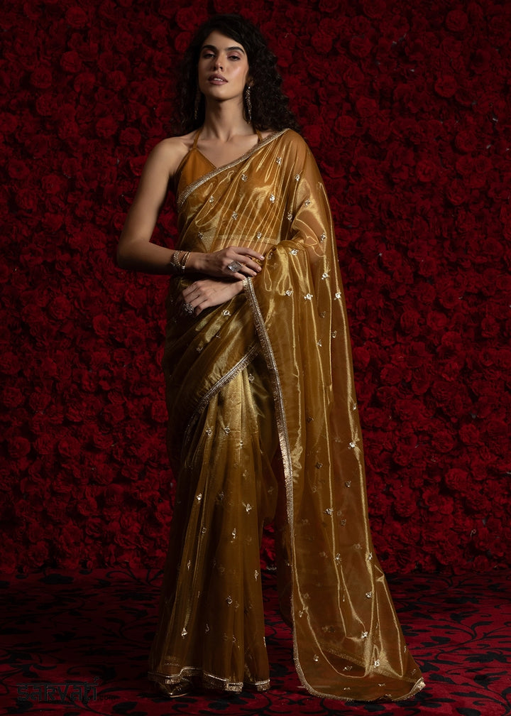 Copper Brown Sheer Net Organza Saree with Rich Zari & Lace Embroidery