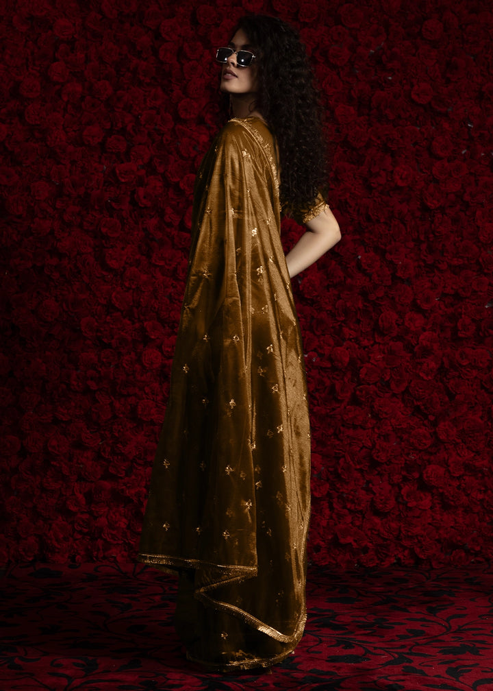Copper Brown Sheer Net Organza Saree with Rich Zari & Lace Embroidery