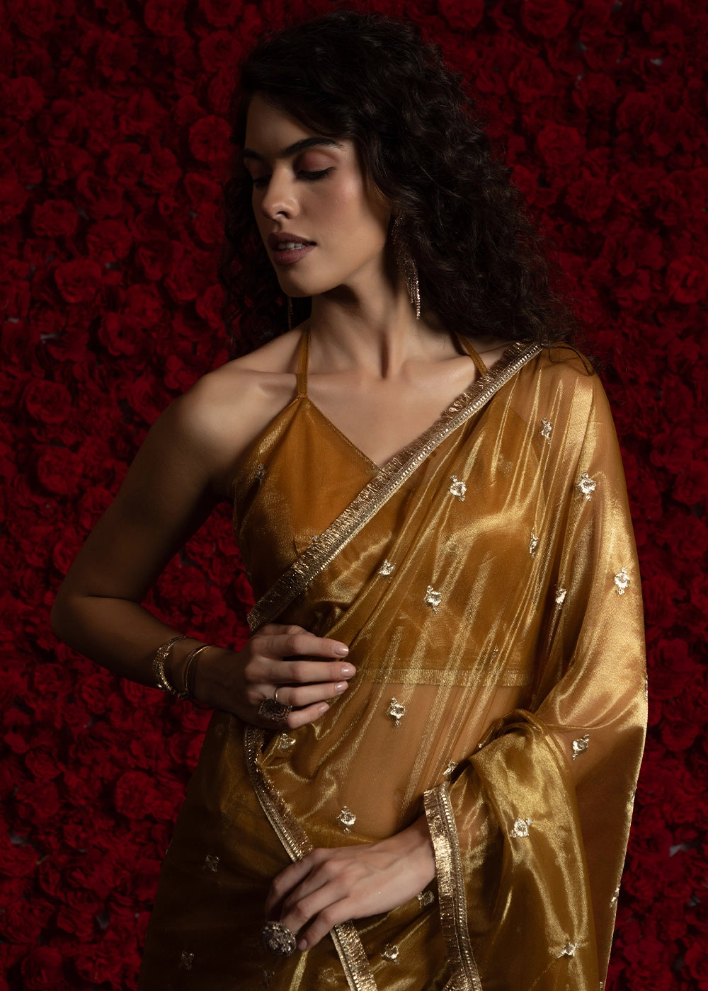 Copper Brown Sheer Net Organza Saree with Rich Zari & Lace Embroidery